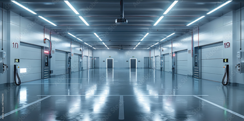 A big empty garage with car chargers, ultra realistic, taken at a slight angle. Generative AI. A big empty garage with car chargers, ultra realistic, taken at a slight angle. Generative AI.