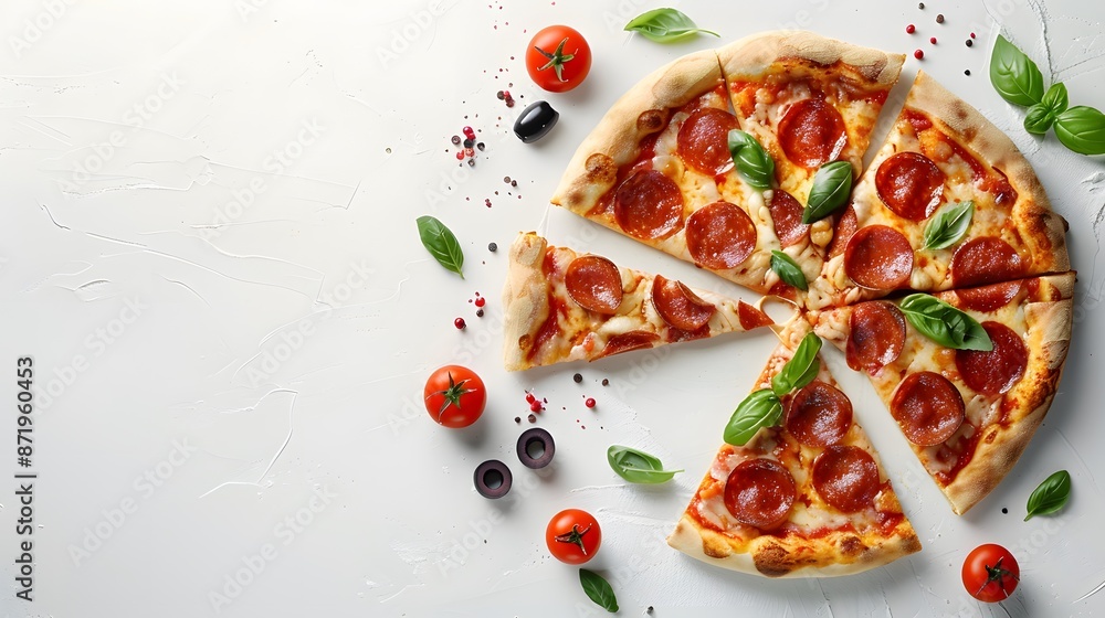 A pizza with pepperoni and basil on a white background, presented in a flat lay style. On the right side is an empty space for text or logo. A pizza with pepperoni and basil on a white background, presented in a flat lay style. On the right side is an empty space for text or logo.