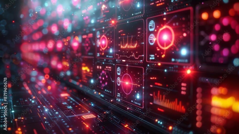 Arrange a neon showcase of remote collaboration symbols, featuring shining Arrange a neon showcase of remote collaboration symbols, featuring shining