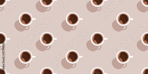 Mocha mousse 2025 trendy color coffee cup seamless pattern. Realistic espresso ornament. Mug of americano. Flat vector aesthetic can used fabric, textile, wall print. EPS 10