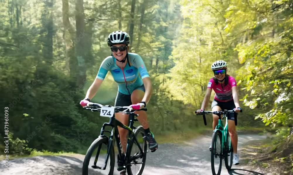 two woman riding bicycles in countryside two woman riding bicycles in countryside