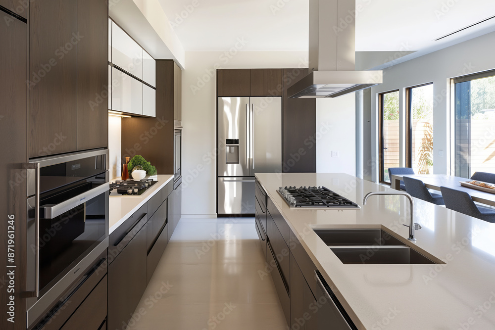 Interior of modern kitchen in minimalist style with island and appliances Interior of modern kitchen in minimalist style with island and appliances