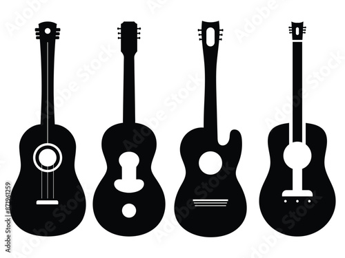 Guitar silhouettes. Acoustic and heavy rock electric guitars outline musical instruments, music symbols Vector isolated set