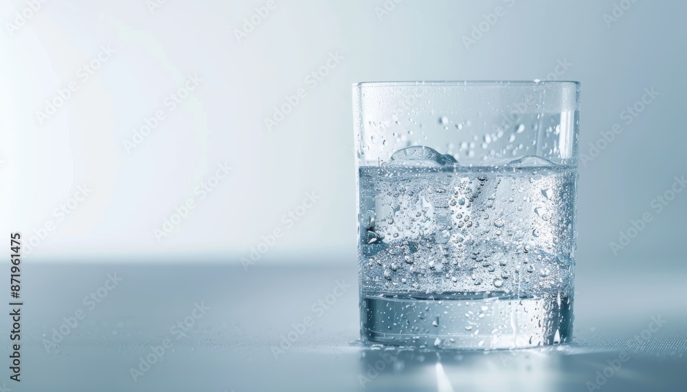 Close-up of a refreshing glass of sparkling water with ice cubes, reflecting light on a smooth, white surface. Close-up of a refreshing glass of sparkling water with ice cubes, reflecting light on a smooth, white surface.