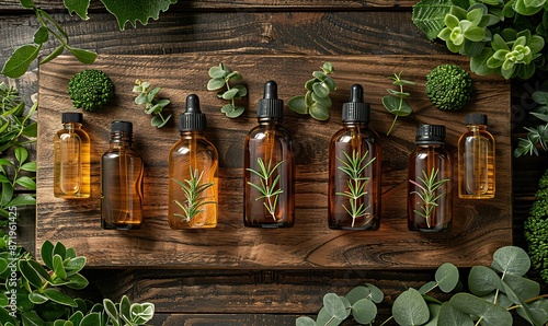 set of natural organic spa beauty products on wooden board, eucalyptus leaves amber glass cosmetic bottles top view.stock photo