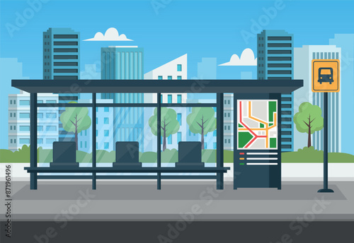 Empty bus stop with city skyline background. Bus stop public transport in flat style. Vector stock