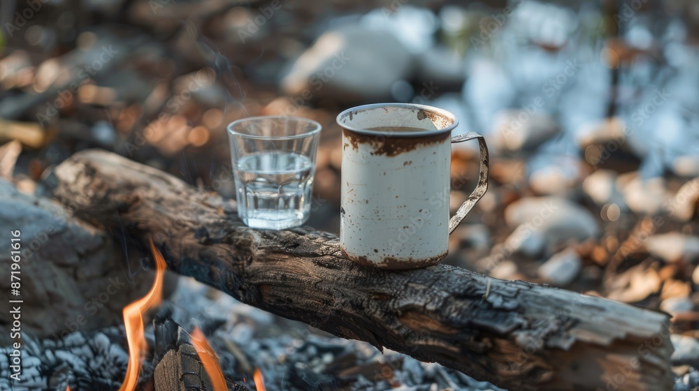A glass of water sits on an old log next to the campfire. With antique and vintage decorations. A glass of water sits on an old log next to the campfire. With antique and vintage decorations.