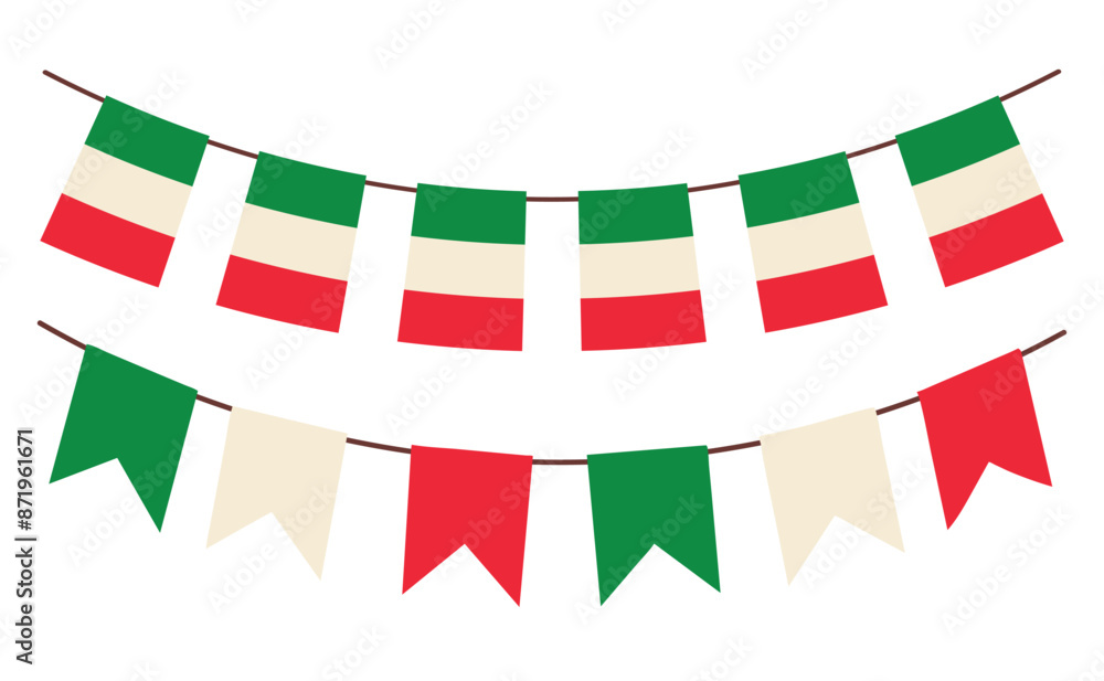 Fototapeta premium Italian flags on the ropes. Set of Italtian flags bunting garlands. Decoration of Italy flags. Isolated on white background. Vector illustration.