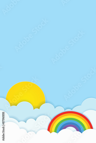 Vertical photo of clouds with rainbow and sun set against a clear sky background 