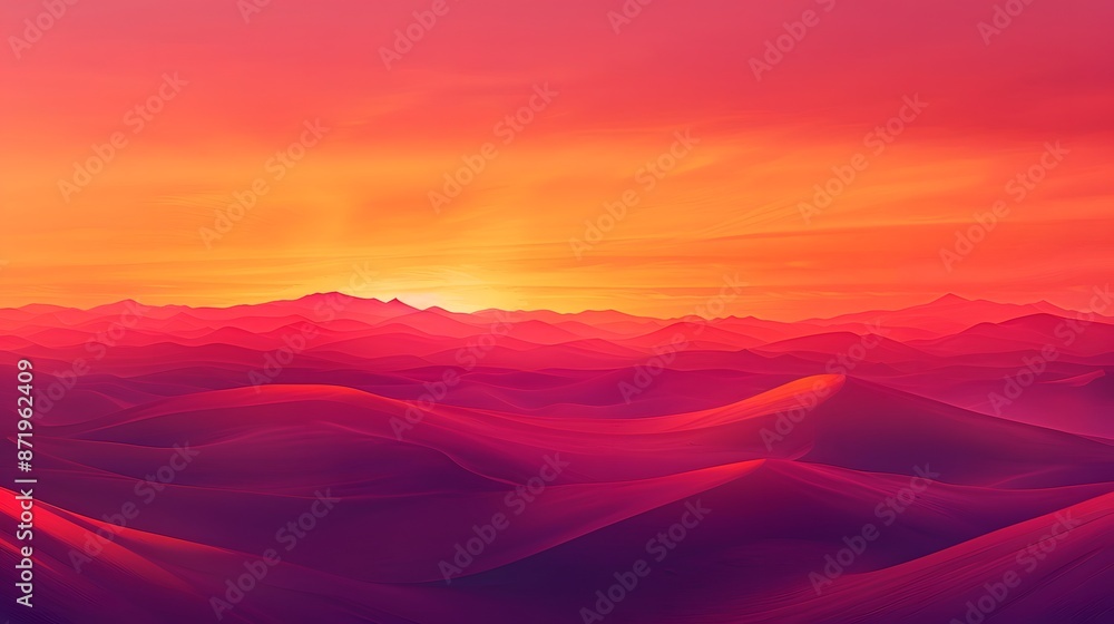 Obraz premium Sunset Over a Desert Dune, Illustrate the dramatic contrast of a desert landscape at sunset, viewed from above. The sky above is a canvas of vibrant reds and purples.