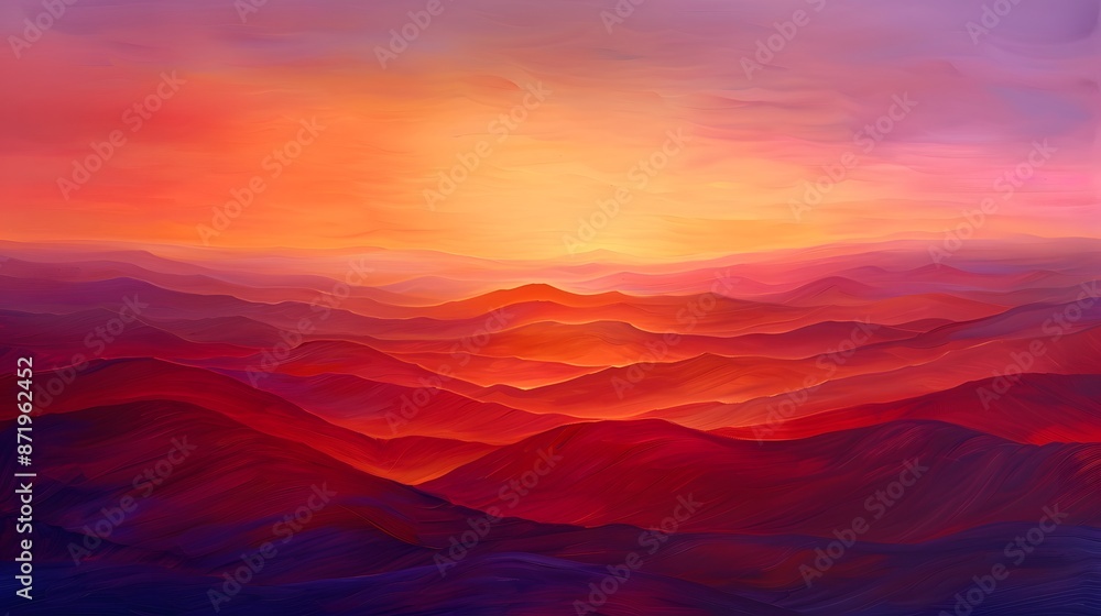 Obraz premium Sunset Over a Desert Dune, Illustrate the dramatic contrast of a desert landscape at sunset, viewed from above. The sky above is a canvas of vibrant reds and purples.
