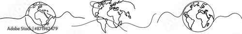 vector illustration features a continuous line drawing of the world map, symbolizing global connection and unity. Its simplistic yet profound design is perfect for educational, environmental