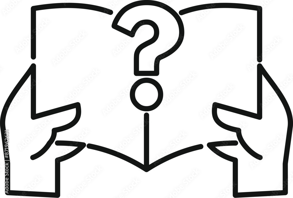 Line drawing of two hands holding an open book with a question mark coming from it Line drawing of two hands holding an open book with a question mark coming from it