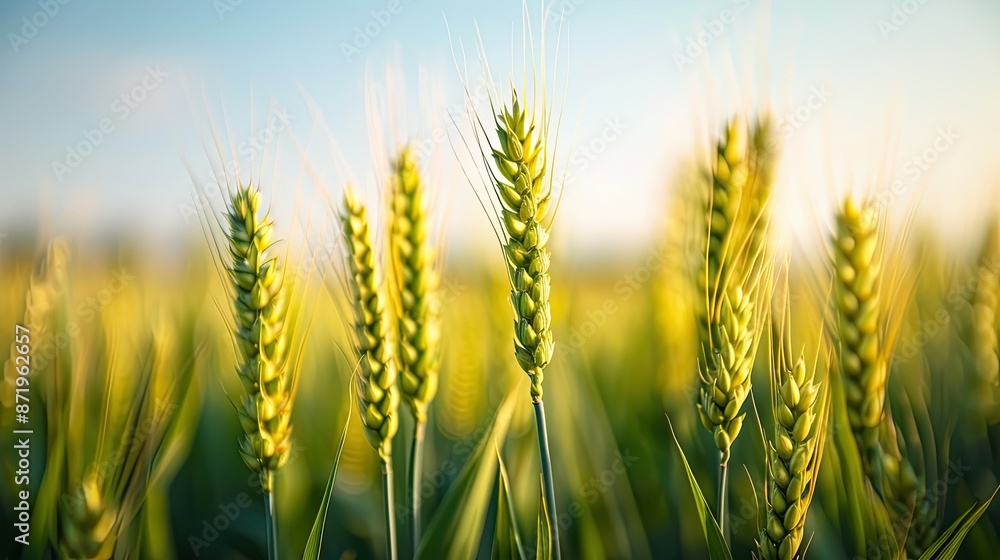 Selective focus with shallow depth of green-yellow wheat heads Selective focus with shallow depth of green-yellow wheat heads