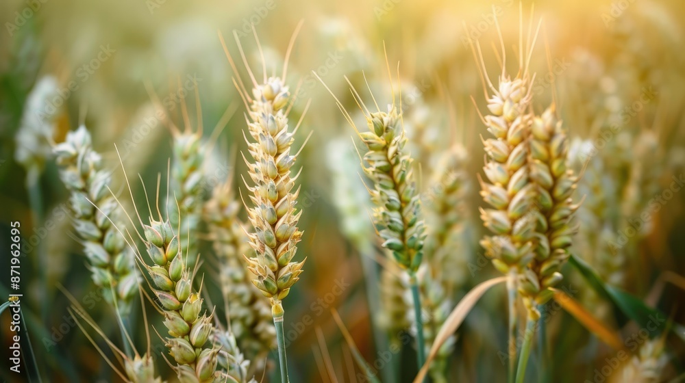 Selective focus with shallow depth of green-yellow wheat heads Selective focus with shallow depth of green-yellow wheat heads