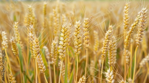 Selective focus with shallow depth of green-yellow wheat heads 