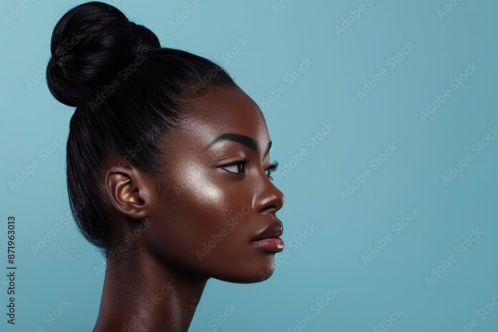 Naklejka premium Beautiful woman, skincare, and cosmetics shine on blue background in studio with tranquil model. Dermatology, makeup, and self-care