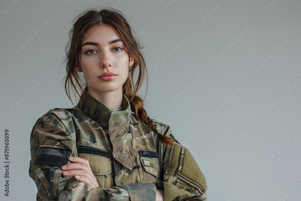 Soldier portrait, lady with arms crossed, army building, pride, professional hero duty. Military career, bravery, and proud girl in government agency camouflage. Soldier portrait, lady with arms crossed, army building, pride, professional hero duty. Military career, bravery, and proud girl in government agency camouflage.