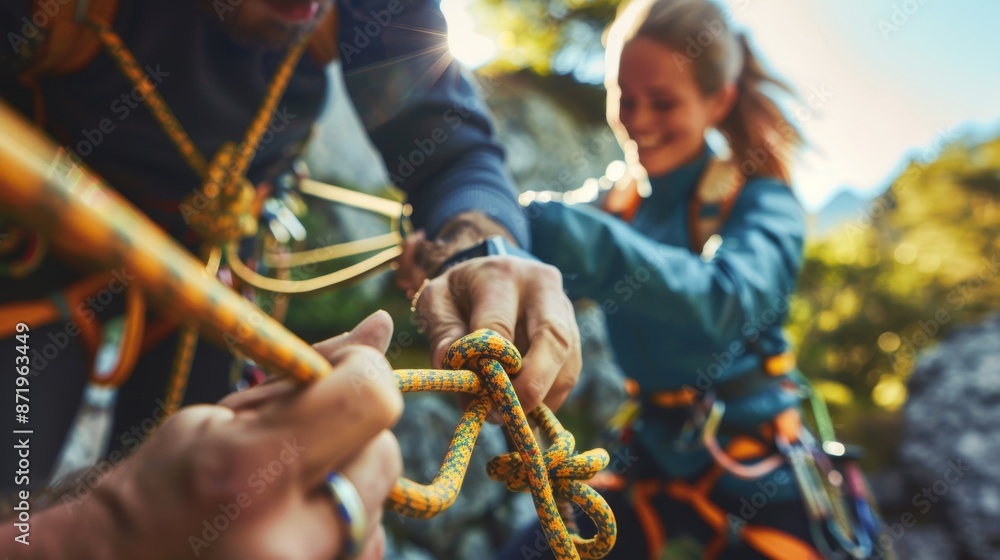 Women climb rocks, attach harness ropes on mountain cliffs for outdoor workouts, vacation, and excitement. Competition, mountaineering gear, and carabiners Women climb rocks, attach harness ropes on mountain cliffs for outdoor workouts, vacation, and excitement. Competition, mountaineering gear, and carabiners