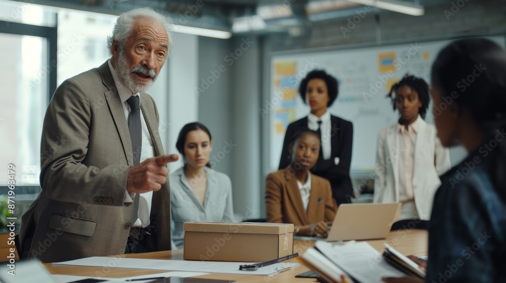 Black man, upset and fired by boss in meeting, holding box in office despair. Manager or company leader indicating to exit and firing employee in front of coworkers Black man, upset and fired by boss in meeting, holding box in office despair. Manager or company leader indicating to exit and firing employee in front of coworkers