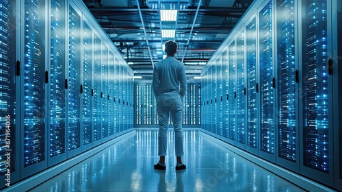 Engineer working in front of the racks, Server racks in a data center. Generative AI.