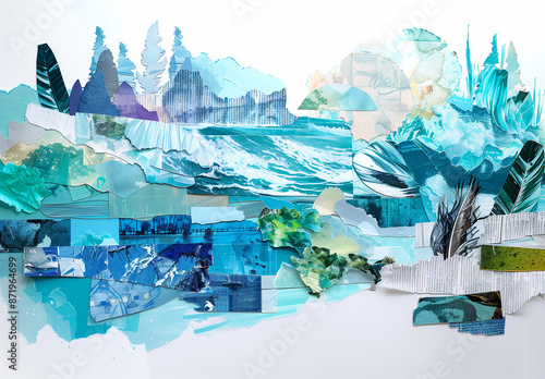 Paper blue abstract nature photo collage in mixed style with different pieces of paper in blue and turquoise  colors and watercolor splashes, trees and mountains
