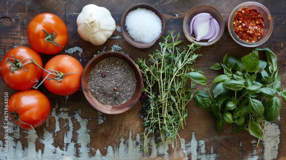A beautiful arrangement of ingredients ready to be cooked: herbs, spices, and fresh produce A beautiful arrangement of ingredients ready to be cooked: herbs, spices, and fresh produce