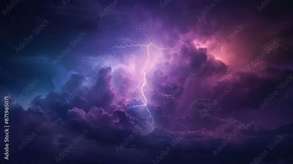 Dramatic stormy sky with vibrant purple lightning illuminating dark, swirling clouds. A natural spectacle of powerful weather phenomena. Dramatic stormy sky with vibrant purple lightning illuminating dark, swirling clouds. A natural spectacle of powerful weather phenomena.