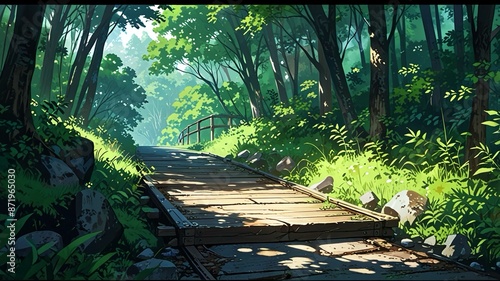 A serene forest scene with a bridge surrounded by greenery anime wallpaper