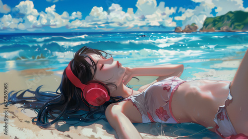 Cute anime girl laying on beach at bright summer day  wearing swimming suit and red headphones and listening to music