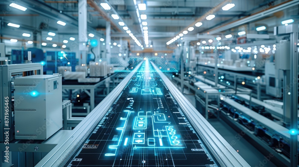 Fototapeta premium Modern manufacturing shop floor, holographic overlays symbolizing data flows between different manufacturing equipment, trays with manufactured parts at various locations in the shop floor.