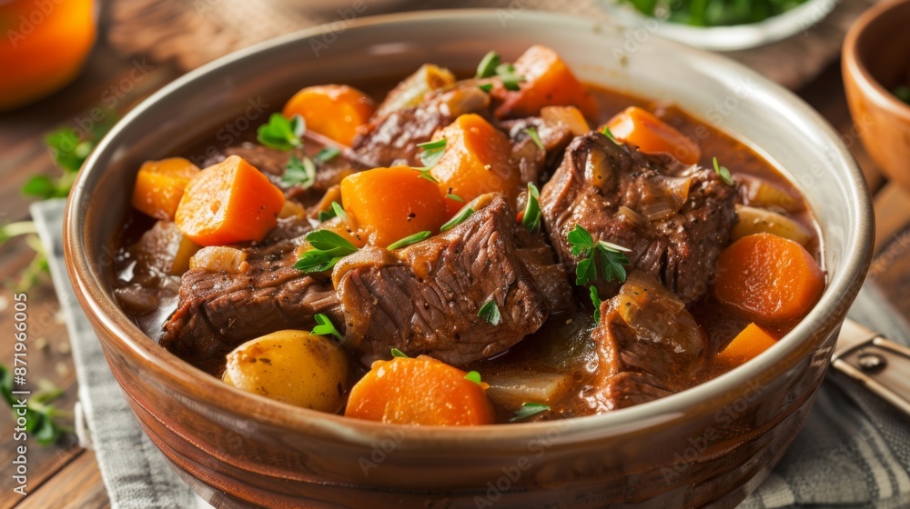 A bowl of hearty beef stew with chunks of tender meat, carrots, and potatoes A bowl of hearty beef stew with chunks of tender meat, carrots, and potatoes