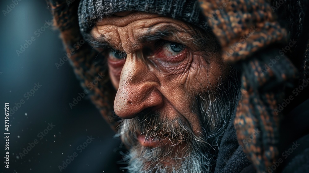close-up portrait of a homeless man on the street with a sad look close-up portrait of a homeless man on the street with a sad look