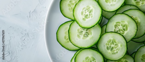 Fresh cucumber slices arranged on a white background, ready for a healthy snack or salad topping. Refreshing and nutritious.