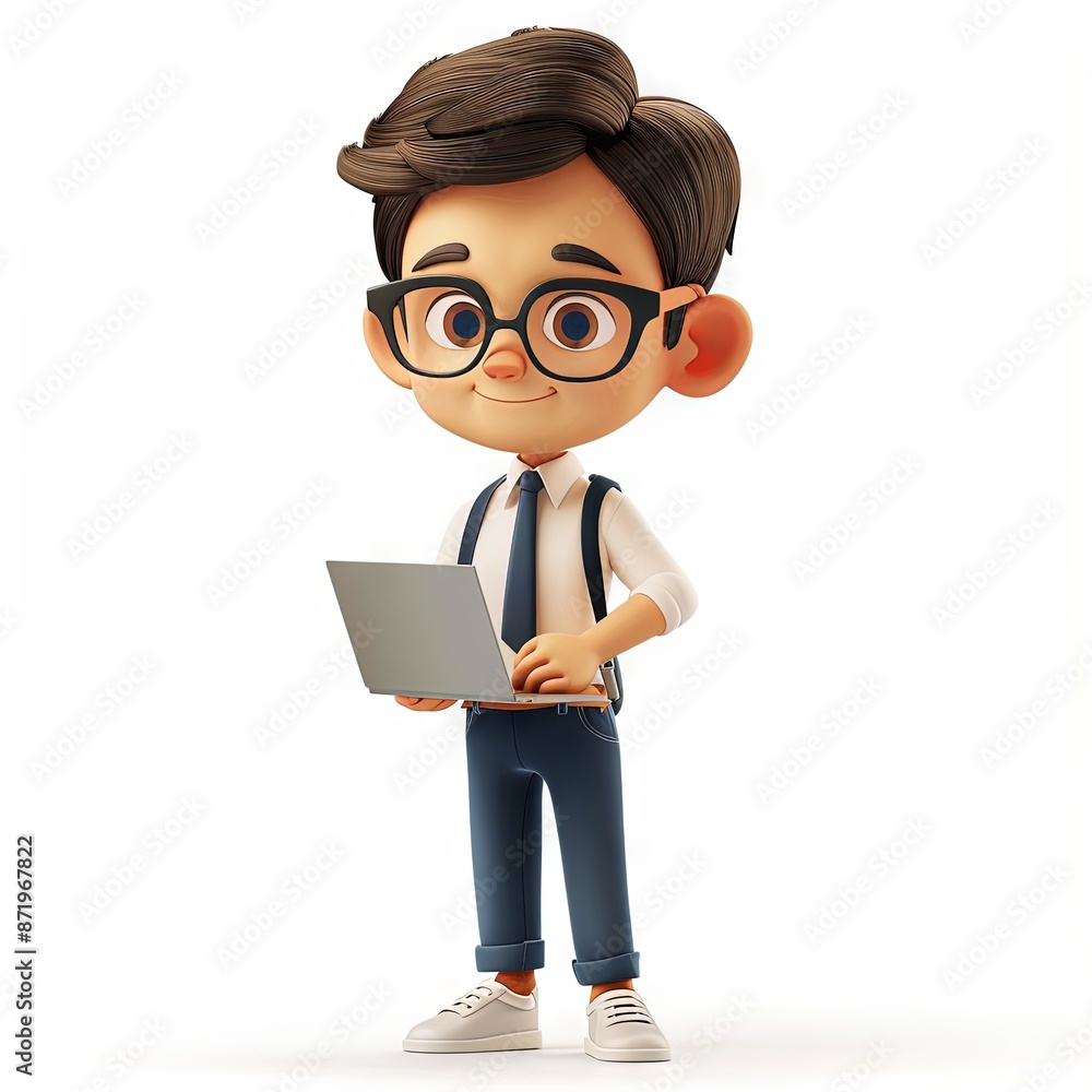 A 3D cartoon character of a smart office boy holding a laptop. He is dressed in smart casual office attire, including glasses, suspenders, and a tie. A 3D cartoon character of a smart office boy holding a laptop. He is dressed in smart casual office attire, including glasses, suspenders, and a tie.
