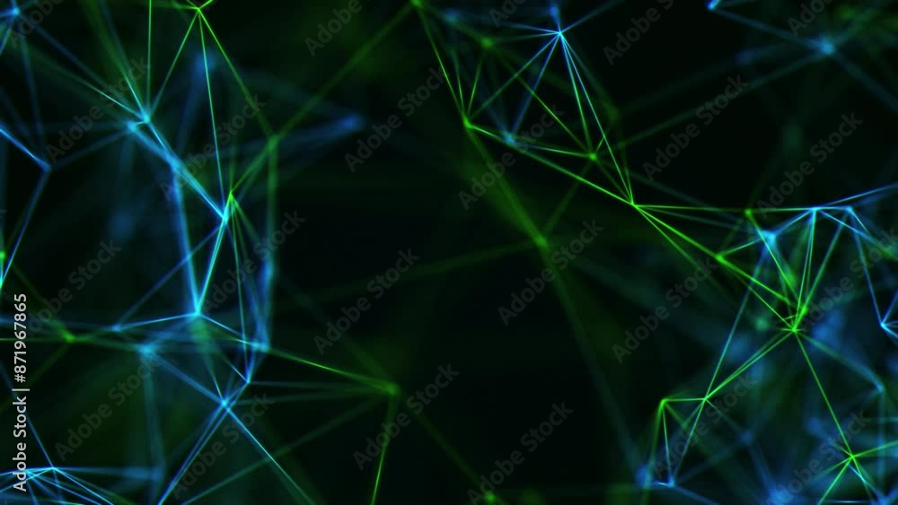 Abstract network connections in green blue color. Multicolored plexus effect black background. Looped neural networks, points connected by lines, move chaotically. Intersection triangles, polygons