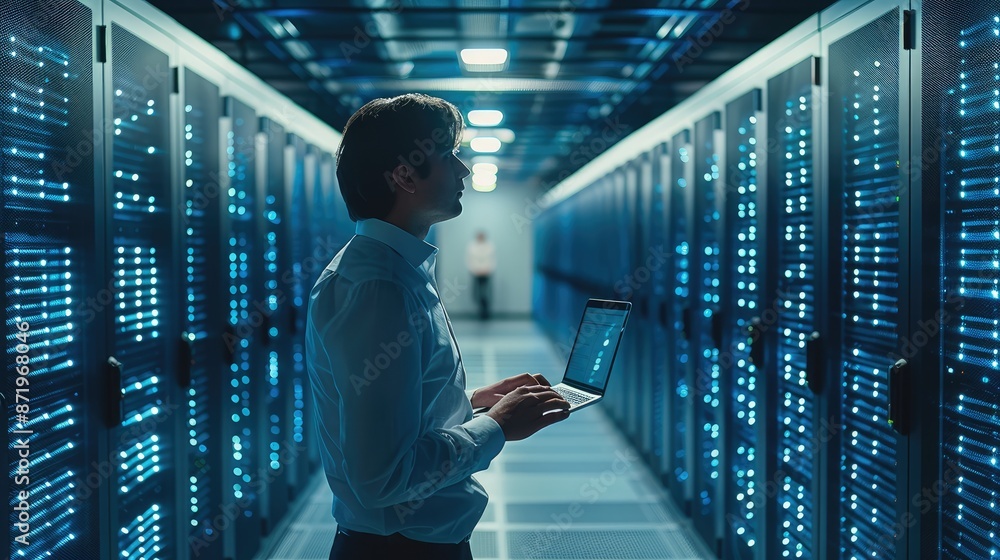 Fototapeta premium In a big data center full of rack servers, an IT technician works on a laptop. Diagnoses, maintains, and sets up systems. Generative AI.