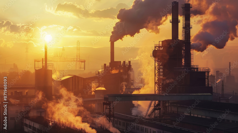 Heavy industry polluting the air with dark smoke at sunset