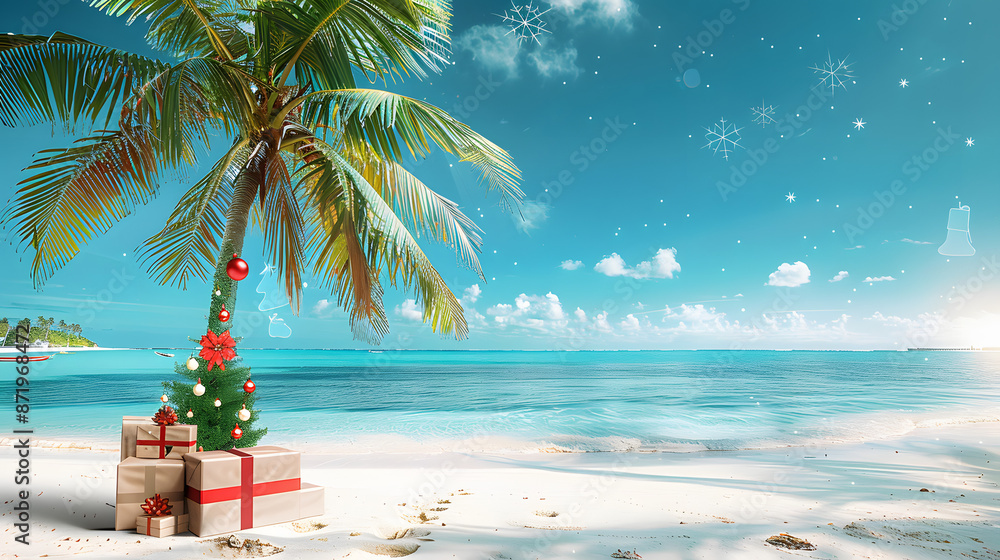 Obraz premium Christmas in southern hemisphere with a palm tree with christmas decorations and gift boxes on tropical beach with white sand and beautiful blue sea view and copy space