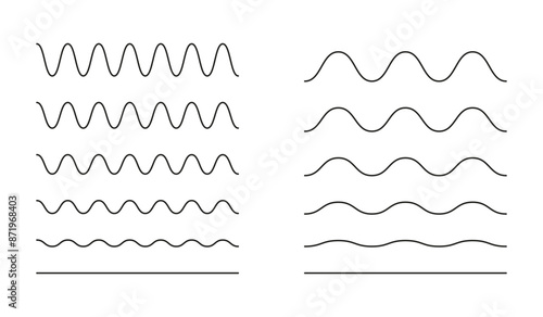 Wavy, curvy lines. Simple undulate borders, transverse horizontal lines. Sine, fluid, air, wind signs. Water, river, lake, sea ocean symbol. Outline graphic illustration on a white background.