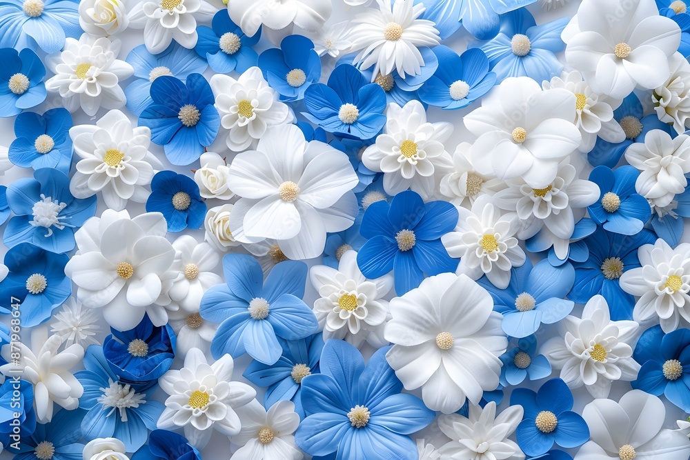 Close-up of blue and white flowers forming a vibrant, textured floral background. Close-up of blue and white flowers forming a vibrant, textured floral background.