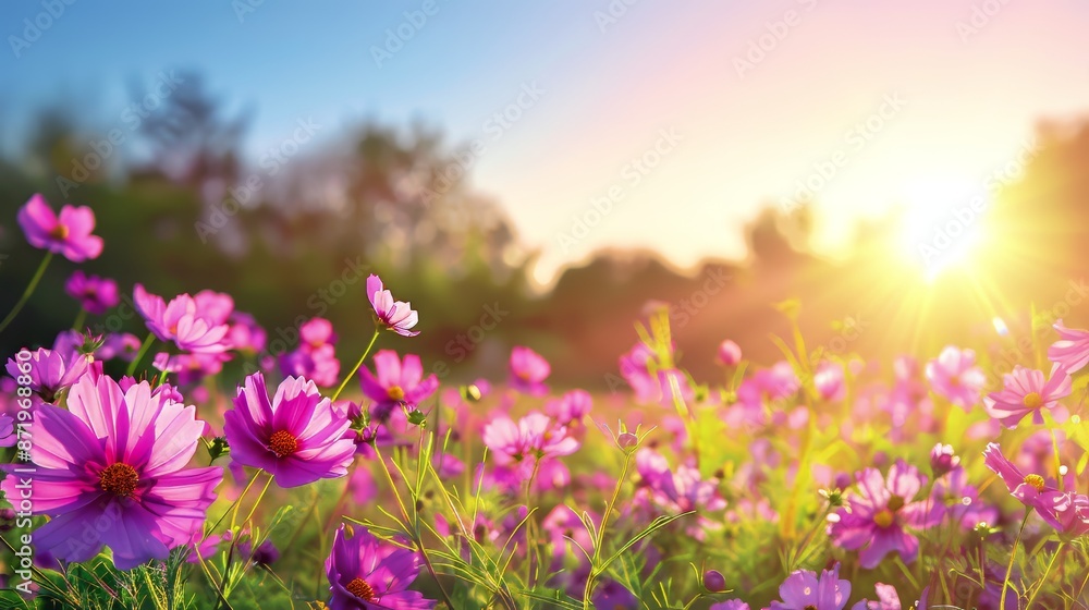 Vibrant pink flowers basking in the warm glow of a golden sunset in a serene meadow. Vibrant pink flowers basking in the warm glow of a golden sunset in a serene meadow.
