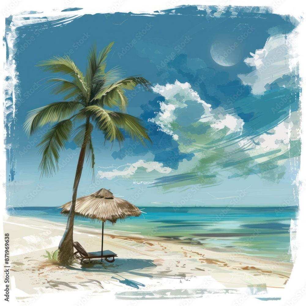 Naklejka premium 2. Beach, summer scene, digital painting, serene and inviting, isolated on white background
