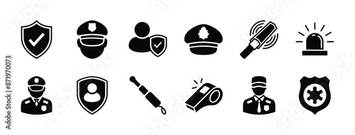 Guard icon set. Containing shield protection with checkmark, hat police, security baton or stick, detector, alarm, whistle, badge, safety. Vector illustration