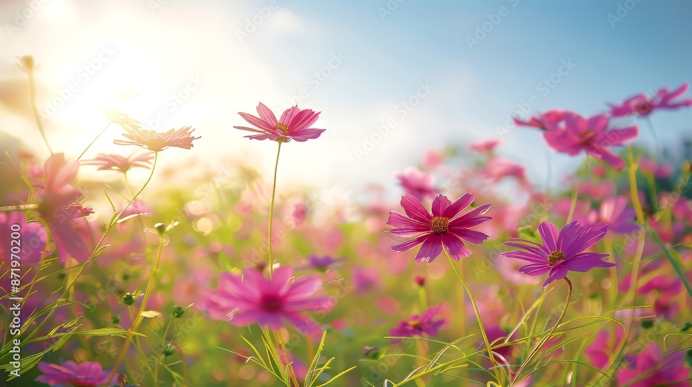 Vibrant pink cosmos flowers bask in the gentle sunlight of a clear summer day. Vibrant pink cosmos flowers bask in the gentle sunlight of a clear summer day.