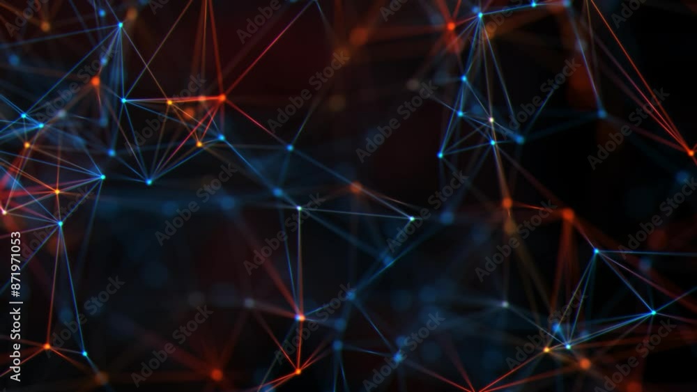 Abstract technical plexus background with glowing red and blue connecting lines and dots and knots. Concept of connecting to a digital data network. This is a modern Full HD video with smooth looping.