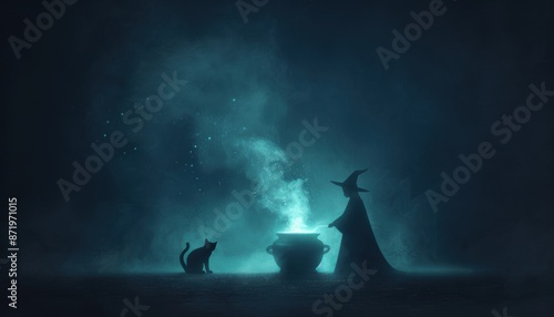 Mysterious silhouette of a witch performing magic beside a cauldron with a cat, illuminated by a mystical green light in a dark, foggy night.