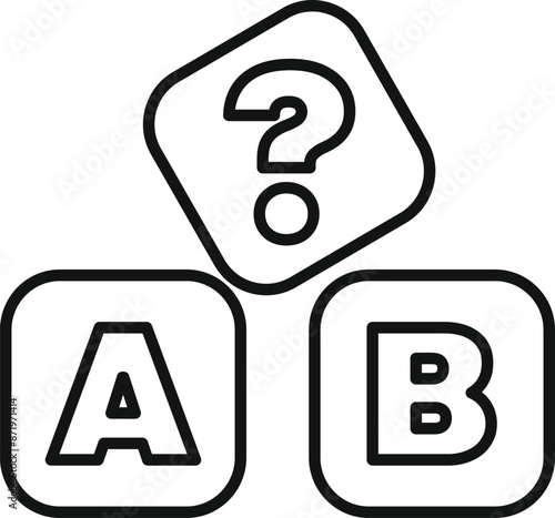 Line drawing of three blocks, two showing letters of the alphabet and the top one showing a question mark