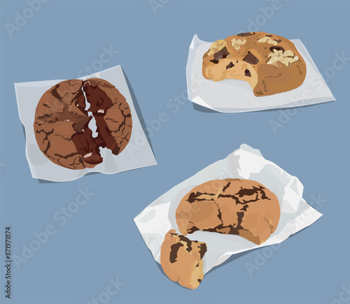 Chocolate chip cookies on baking paper set.