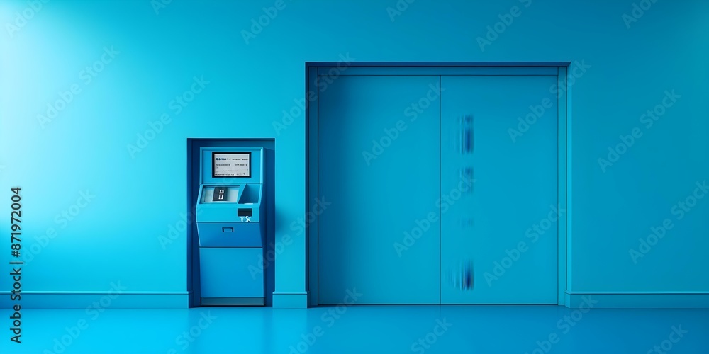 Front view of an unbranded blue ATM in a minimalist blue interior. Concept Minimalist Design, Blue ATM, Interior Decor, Front View, Unbranded Front view of an unbranded blue ATM in a minimalist blue interior. Concept Minimalist Design, Blue ATM, Interior Decor, Front View, Unbranded